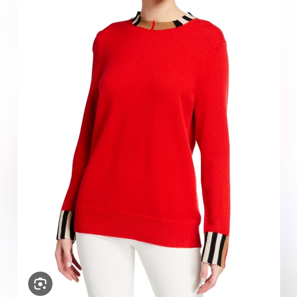 Burberry Red Cashmere Icon Stripe Trim Eyre Sweater Size Medium
